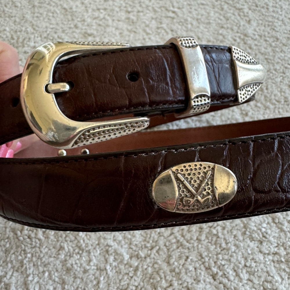 Men’s Belt, brown leather, silver golf club detail, full grain leather cowhide